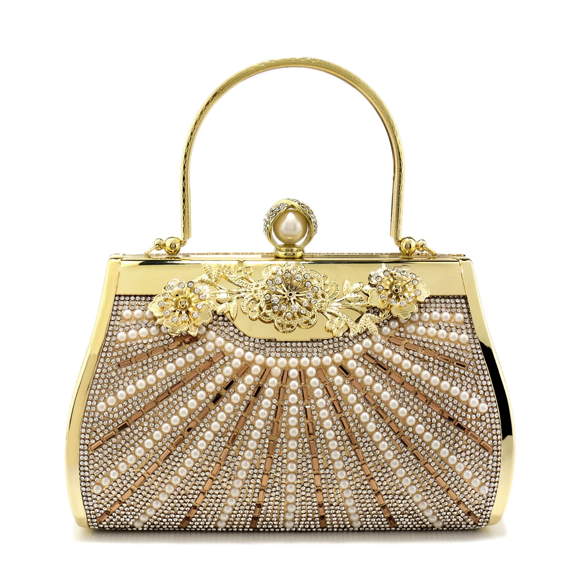 

Glitter Beading Evening Bags Pearl Rhinestones Party Handbags Bucket Design Golden Metal Chain Shoulder Handbags Luxury Prom Din