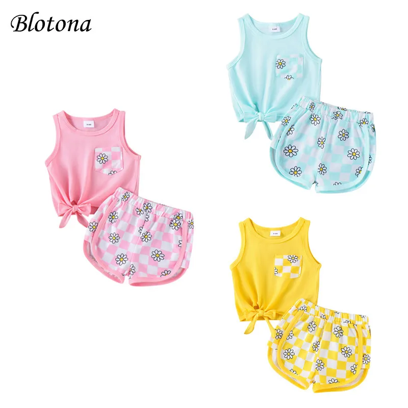 

Blotona Baby Girl 2Pcs Summer Outfits Sleeveless Knot Hem Tank Tops + Shorts Set Infant Clothes 0-3Years