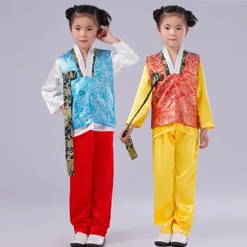 한국 한복 남아 의상, 한국 전통 의상, 블루/레드, 어린이 무대 공연 의상, 어린이 파티용 의상, 소녀용