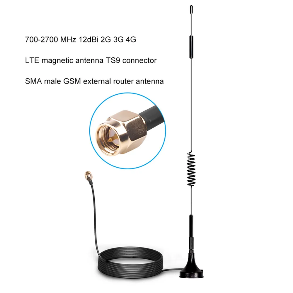 

Антенна для телевизора 2G 3G 4G LTE, магнитная антенна 698-2700 МГц с поддержкой TS9 CRC9 SMA Male GSM, внешняя антенна для маршрутизатора с кабелем 1,5 м