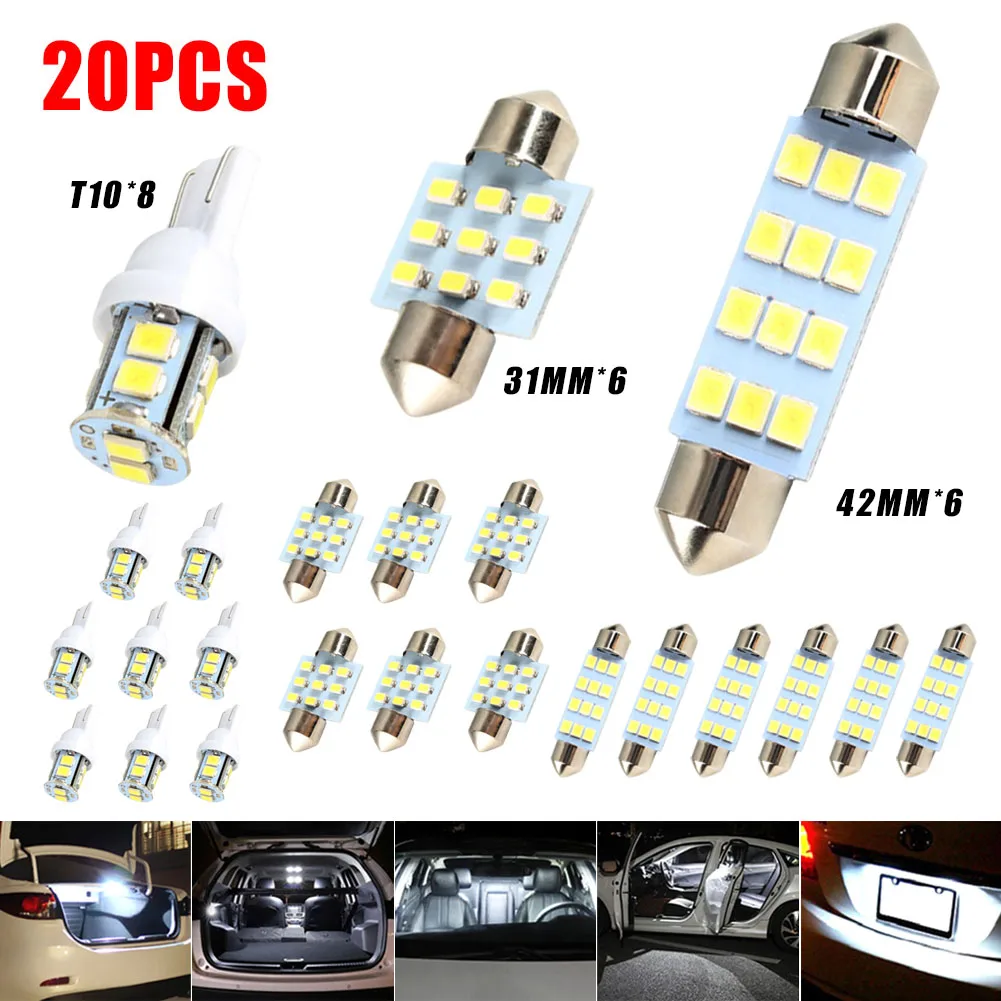 20PCS LED Interior Light Bulb Kit T10 31mm 42mm Bulb 12V Car Trunk Dome Light 6000K White License Plate Light Auto Reading Lamp
20PCS LED Interior Light Bulb Kit T10 31mm 42mm Bulb 12V Car Trunk Dome Light 6000K White License Plate Light Auto Reading Lamp