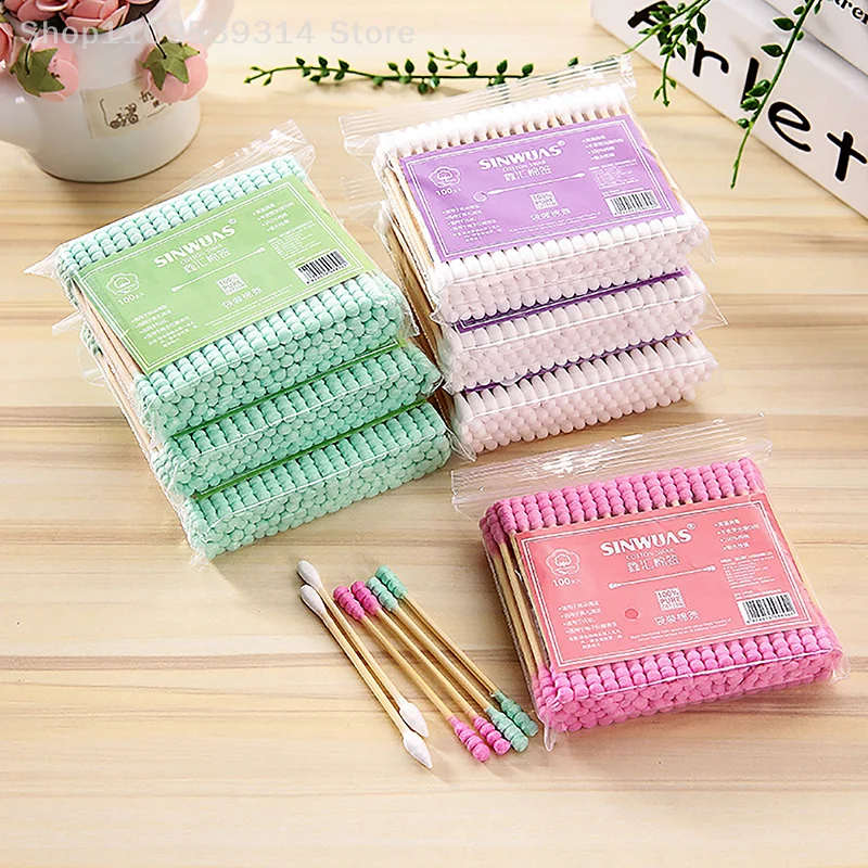 

100pcs Pack Double Head Cotton Swab Women Makeup Cotton Buds Tip For Medical Wood Sticks Nose Ears Cleaning Health Care Tools