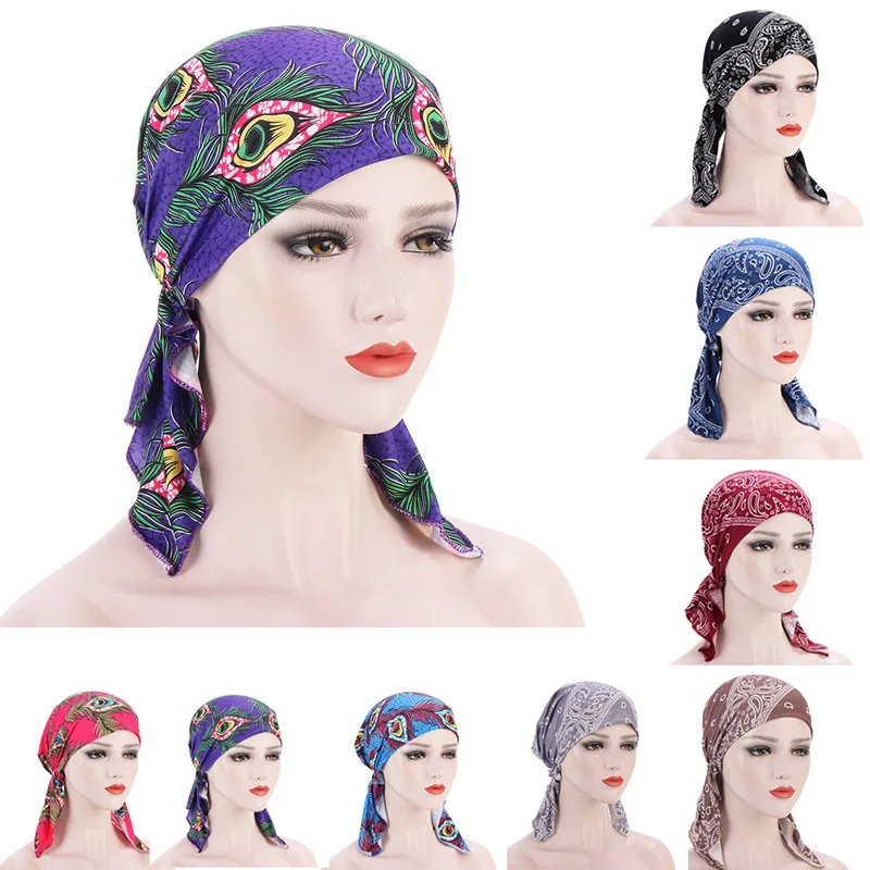 

Women Cotton Elastic Headscarf Muslim Hat Turban Fashion Cashew Feather Print Beanie Head Wrap Cancer Chemo Hat Hair Accessory