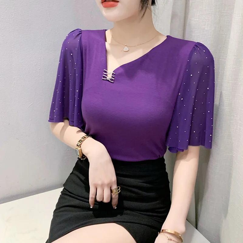 #6729 Black Yellow Purple Mesh T Shirt Women V-neck Irregular T-shirt Half Sleeve Diamonds Sexy Office Short Tshirt Thin Elastic 
#6729 Black Yellow Purple Mesh T Shirt Women V-neck Irregular T-shirt Half Sleeve Diamonds Sexy Office Short Tshirt Thin Elastic