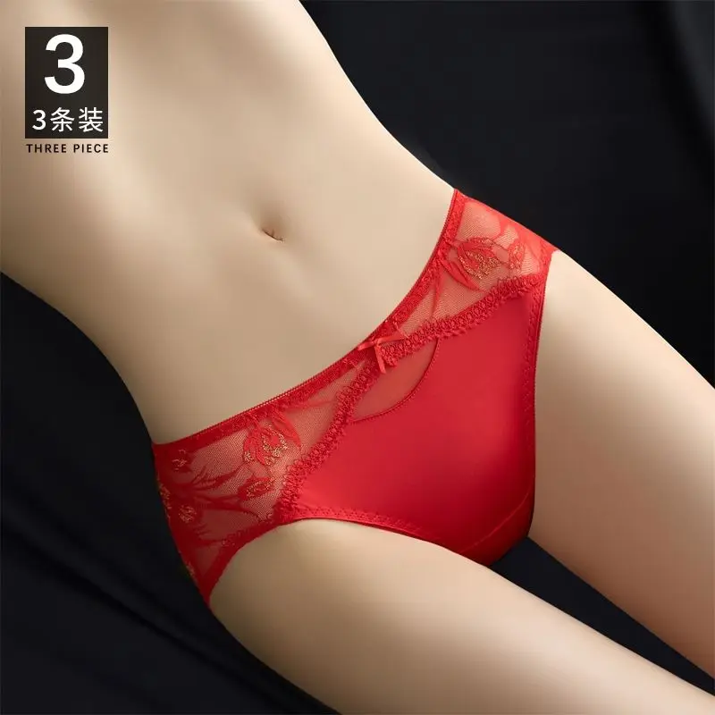 

Red Sexy Pants Lace Briefs Cotton Crotch Panties Anti-bacterial Underwear Women Shorts Mid Rise Hip Lift Breathable Lingerie