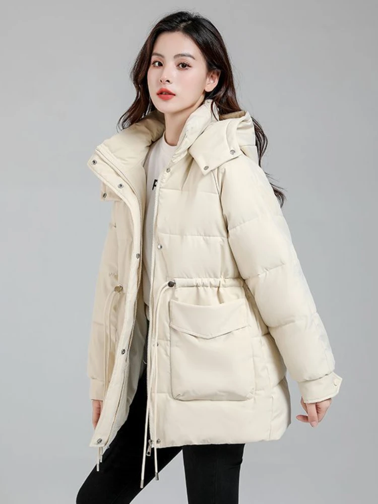 

Women Cotton Padded Jacket Mid Length 2023 Winter New Fashion Waistband Slimming Warm Beige Cotton Parks Coat Overcoat