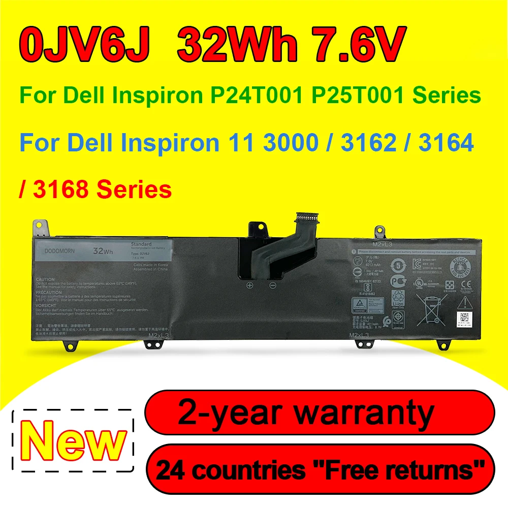 

0JV6J For Dell Inspiron 11 3000 3162 3164 3168 P24T001 P25T001 Laptop Battery OJV6J 0HH6K9 8NWF3 PGYK5 7.6V 32Wh Batteries