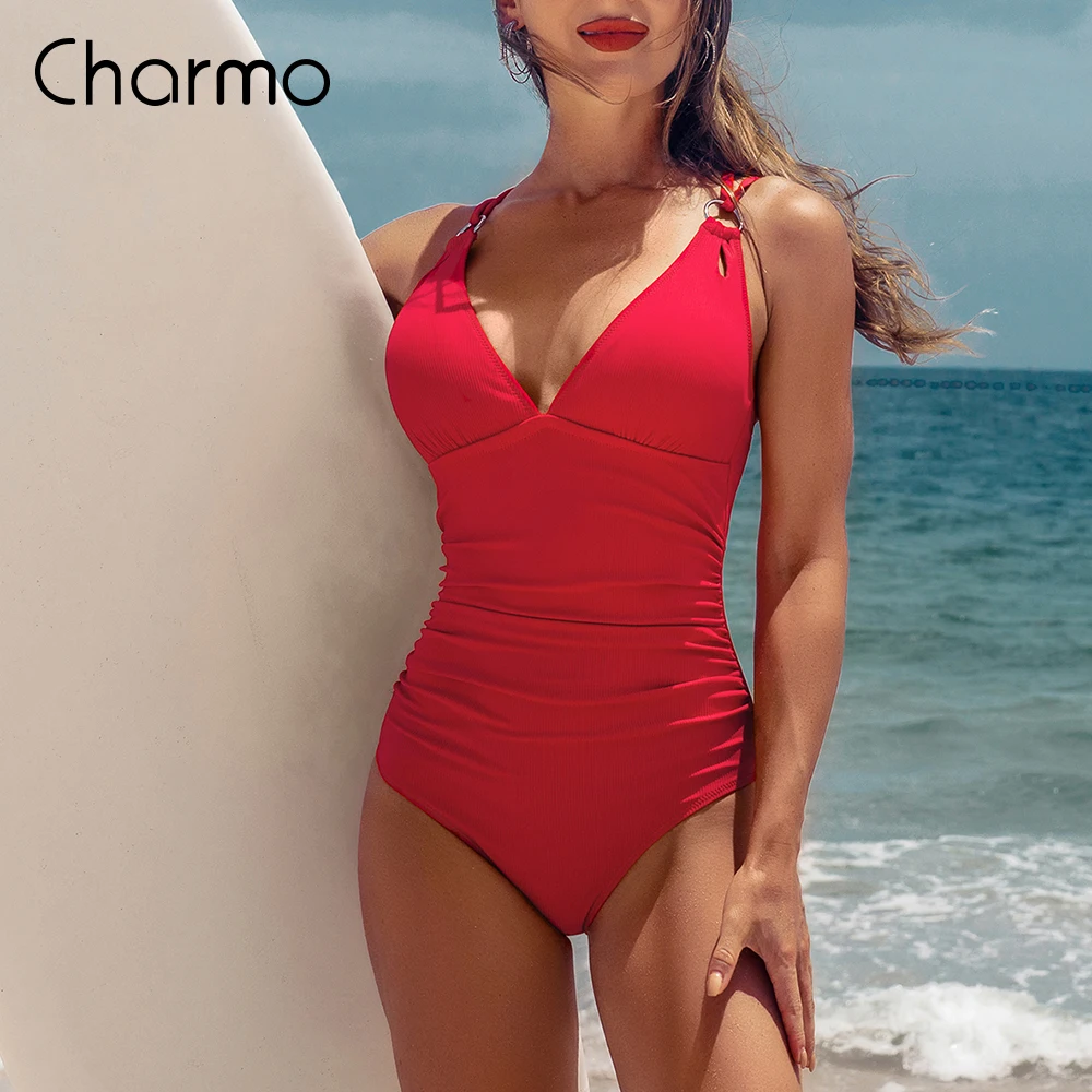 

Charmo Women One Piece Fashion Swimsuit Sexy Deep V Neck High Cut Ruched Monokini Solid Color Backcross Swimwear