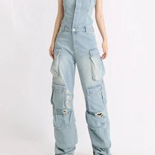 Vintage Streetwear Denim Jumpsuit Women Spring Summer New Punk Rock Style Blue Strapless Slim Fit Old Washed Wide Leg Pants