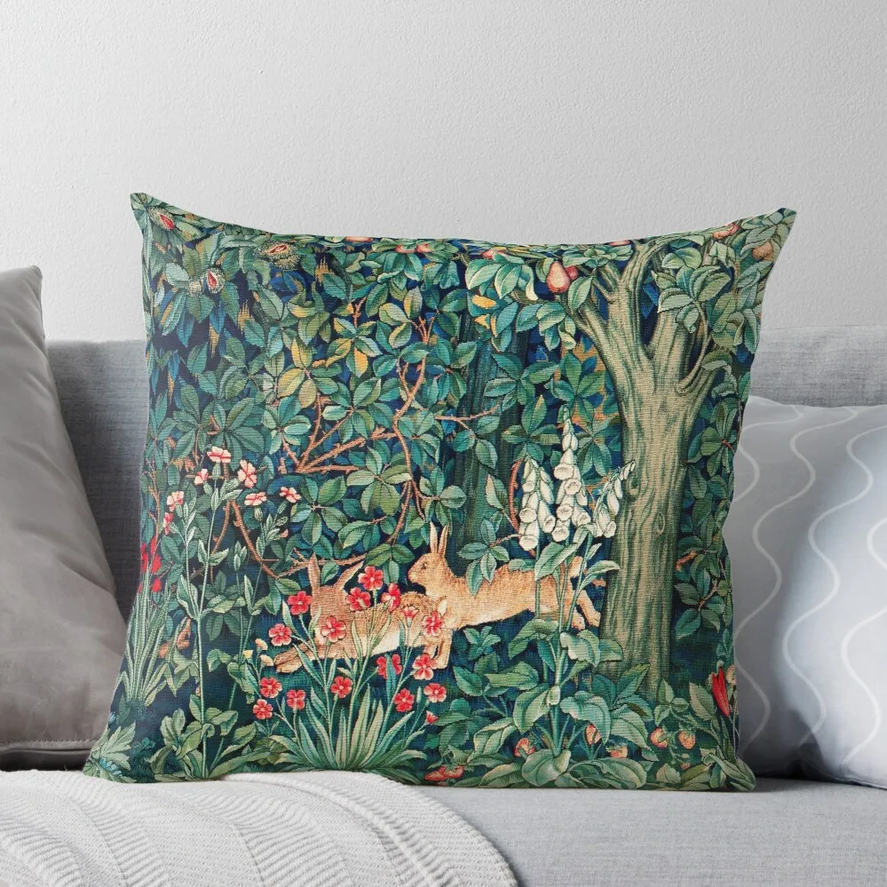 

GREENERY, FOREST ANIMALS Hares Blue Green Red Floral Tapestry Throw Pillow Sofas Covers