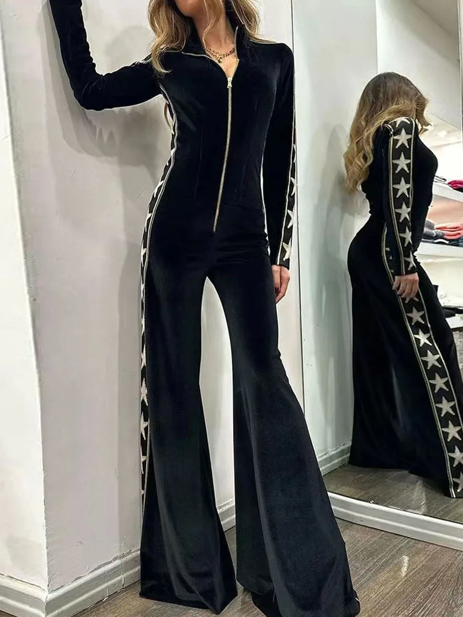 

Women s Full-Length Velvet Jumpsuit Star Print Long Sleeve Front Zipper Closure Playsuit Clubwear