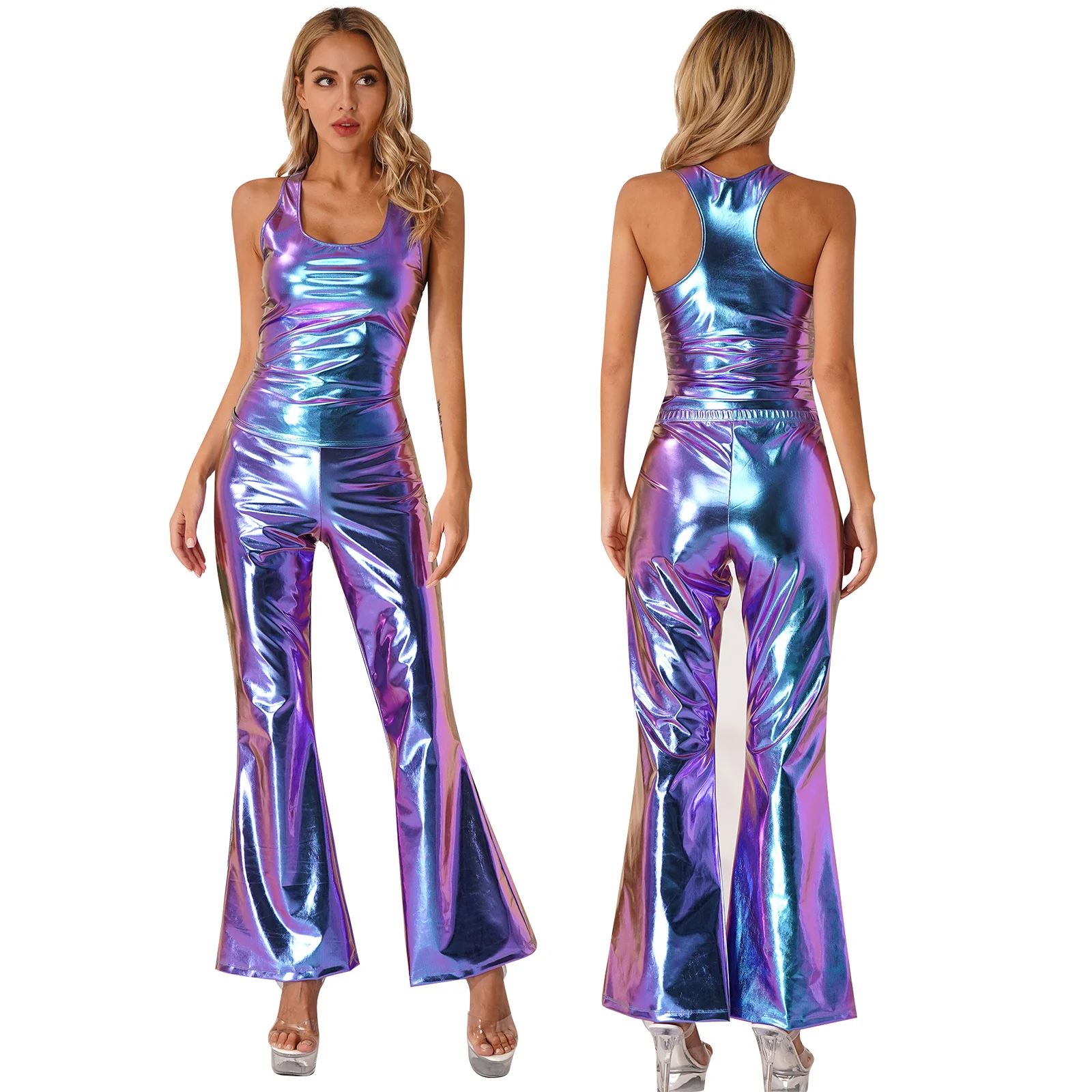 

Womens Metallic Shiny Clubwear Deep U-neckline Sleeveless Racer Back Tank Top+Flare Pants Party Rave Disco Jazz Dance Costumes