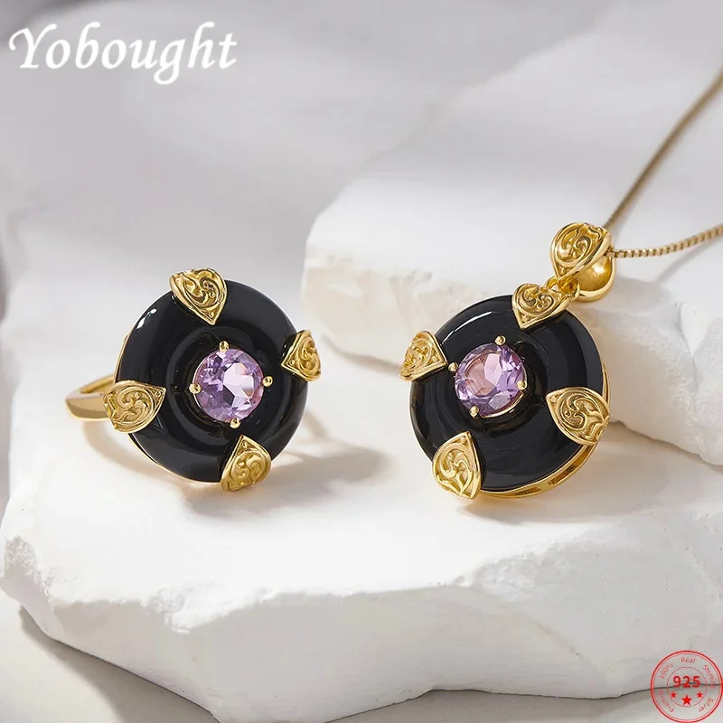 

S925 sterling silver charms pendants for women new fashion contrast colored inlaid amethyst agate rings jewelry free shipping