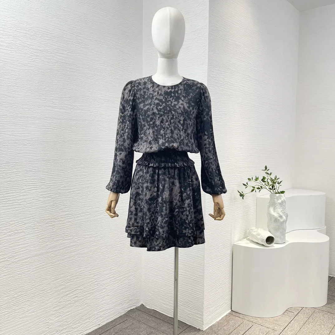 

High Quality New Collection Black Camouflage Print Full Lantern Sleeve O-neck Shirred Women Mini Dress