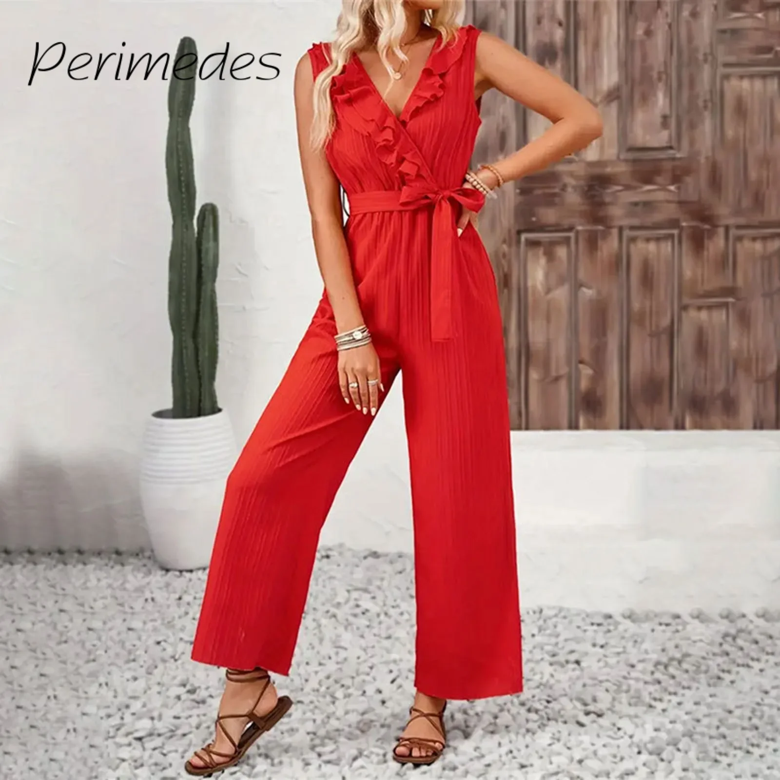 

Summer Women'S Jumpsuit 2024 Ruffled Sleeveless V-Neck Bright Pants Belt Wide Leg Straight Casual Jumpsuit Fashion Monos Largos