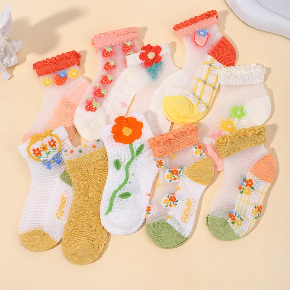 

5 Pairs of Cartoon Children Socks Lovely Flower Kids Socking for 1~3Years Baby Thin Mesh Breathable Elastic Cotton Short Sock