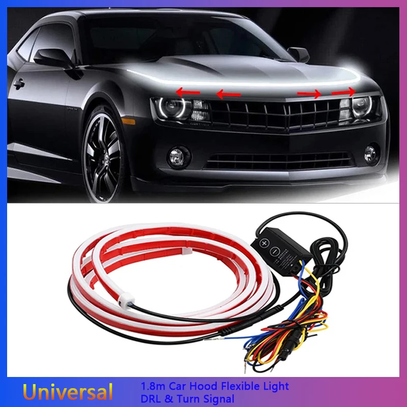 

1.8m Car Hood Light LED Strip With Turn Signal Daytime Running Lights Waterproof Flexible DRL Auto Headlight Ambient Lamp 12V