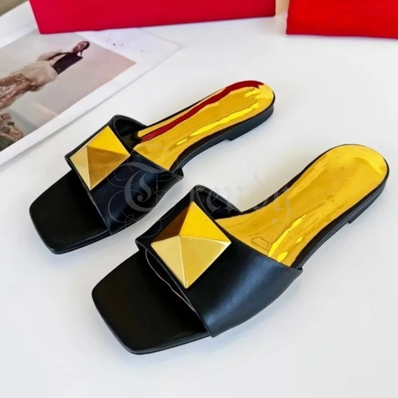 

Women Gold Stud Flat Slipper Black Leather White Square Toe Open Slingback Loafer Sandal Chunky Low Concise Metal Gladiator Shoe