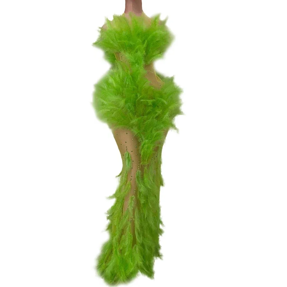 

Sexy Green Feather Dresses Women Summer See-througth Mesh Outfits Dress Lady Nightclub Party Stage Wear Singer Costume Celebrate