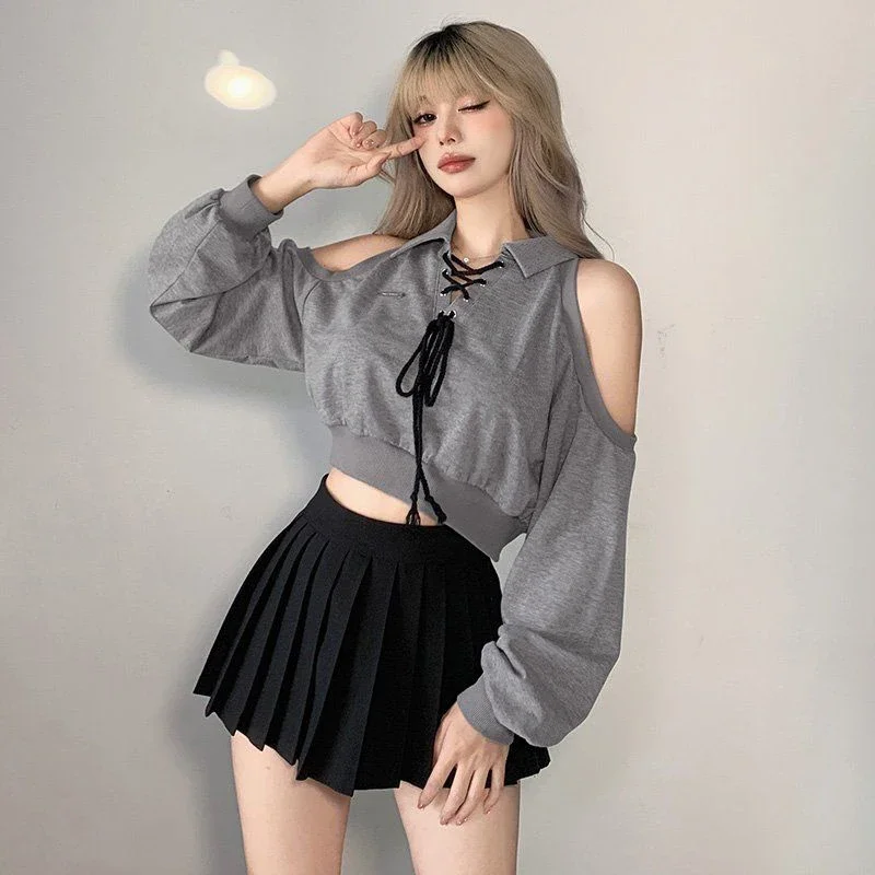 

Sexy Cropped Sweatshirt Women Y2k Off Shoulder Slim Fit Short Tops Spring Summer Korean Long Sleeve Harajuku Grey Pullovers 2024