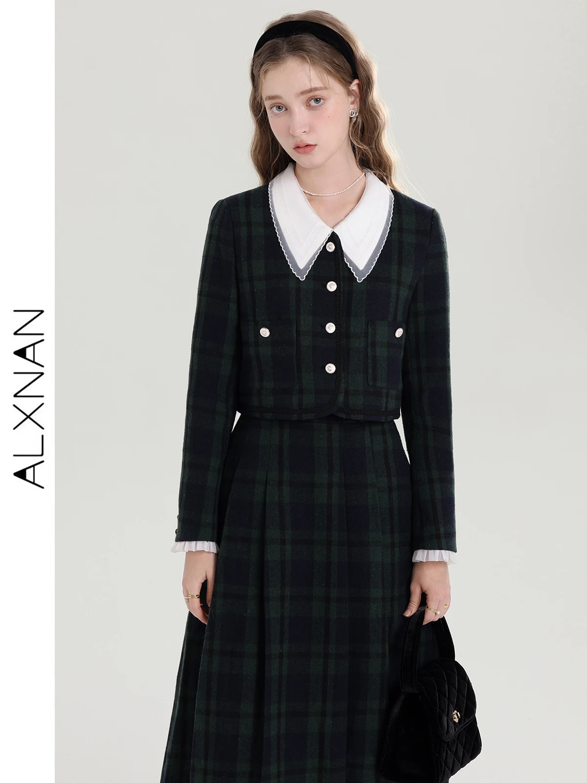 

ALXNAN French Luxury Plaid Tweed Jacket Skirt Two-piece Suit For Women 2024 Temperament Lapel Female Coat Sold Separate T00913