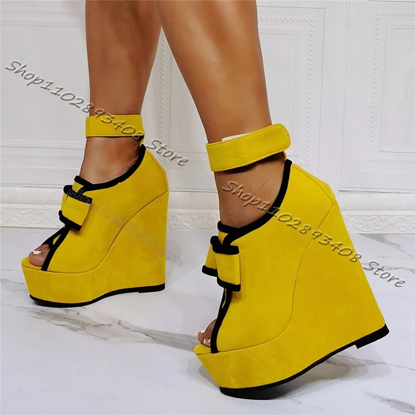 

Yellow Flock Hook Sandals Bow Knot Decor Wedges Heels Peep Toe Cover Heel Shoes Women Summer Big Size Sandals Zapatillas Mujer