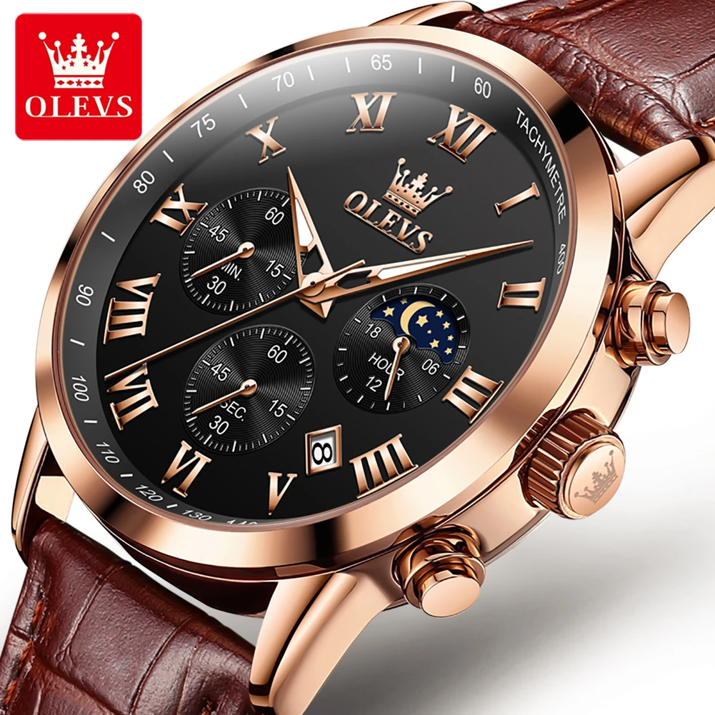 

OLEVS 5529 Sport Quartz Watch Gift Genuine Leather Watchband Round-dial Moon Phase Chronograph Calendar Luminous