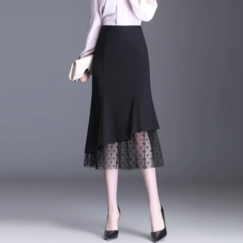 

Fashion Spliced Lace High Waist Black Fishtail Skirt Women Spring Summer Elegant Slim Fit Bodycon Long Skirts Office Lady 965L