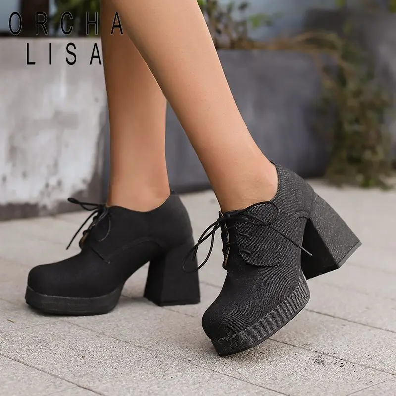 

ORCHA LISA Retro Female Pumps Square Toe Block Heels 9.5cm Platform Denim Lace Up Casual Daily Women Shoes Plus Size 46 47 48