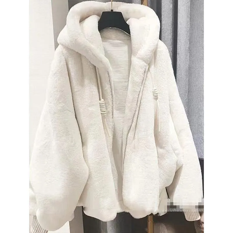 

White Imitation Lambwool Outwear Top Coat Women Winter Warm Overcoat Casual Sobretudos Hooded Faux Rabbit Fur Plush Jacket Y2k