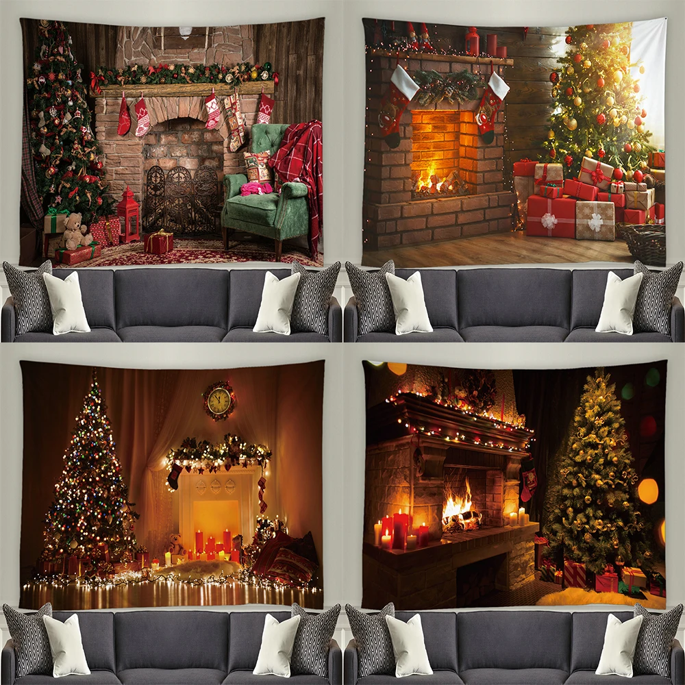 

Merry Christmas Santa Claus tree fireplace printed pattern tapestry home living room bedroom wall decoration