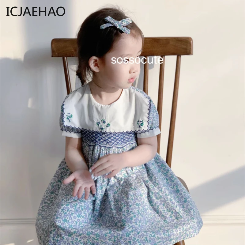 

Kids Girl Blue Vintage Outfit Smocked Floral Dress Elegant Princess Handmade Clothes Infant Baby Smocking Embroidery Frocks 1-6Y