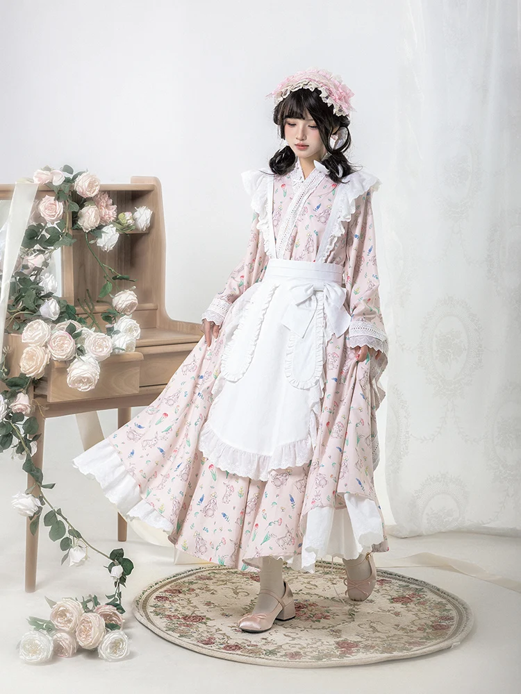 

Original Kimono Style Maid Print Dress Apron Detachable Lolita Sweet Cos Loli Tea Party Dress With Puji