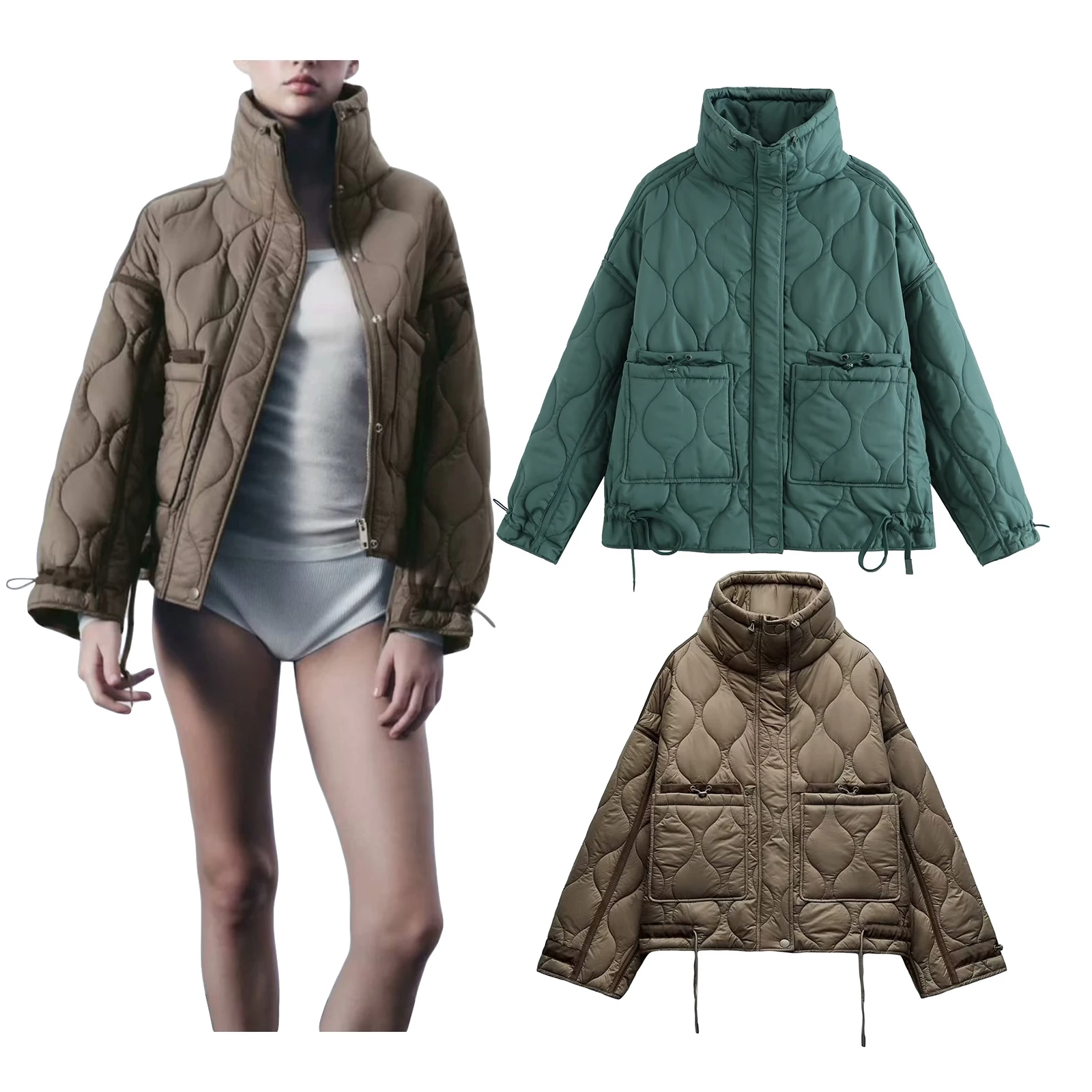 

Womens Warm Quilted Jacket Hooded Collar Zipper Closure Stylish Winter Outerwear Cold Weather Lightweight Stand Cotton Jacket