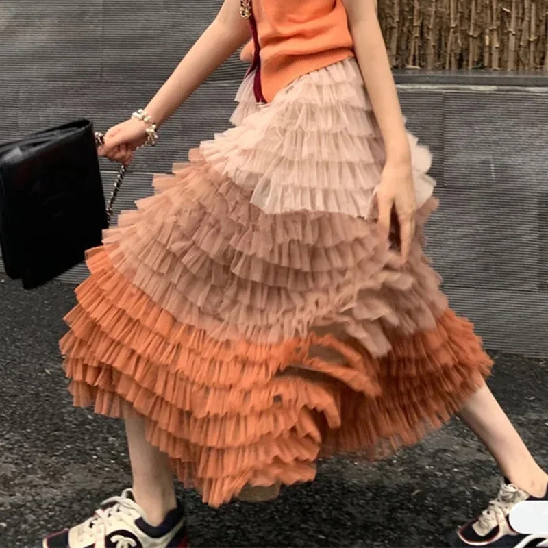 

Color Net Yarn Retro Layered Cake Skirt High Waist Big Swing Gradient Color Fairy Three-color Stitching Mid-length Skirt Mujer