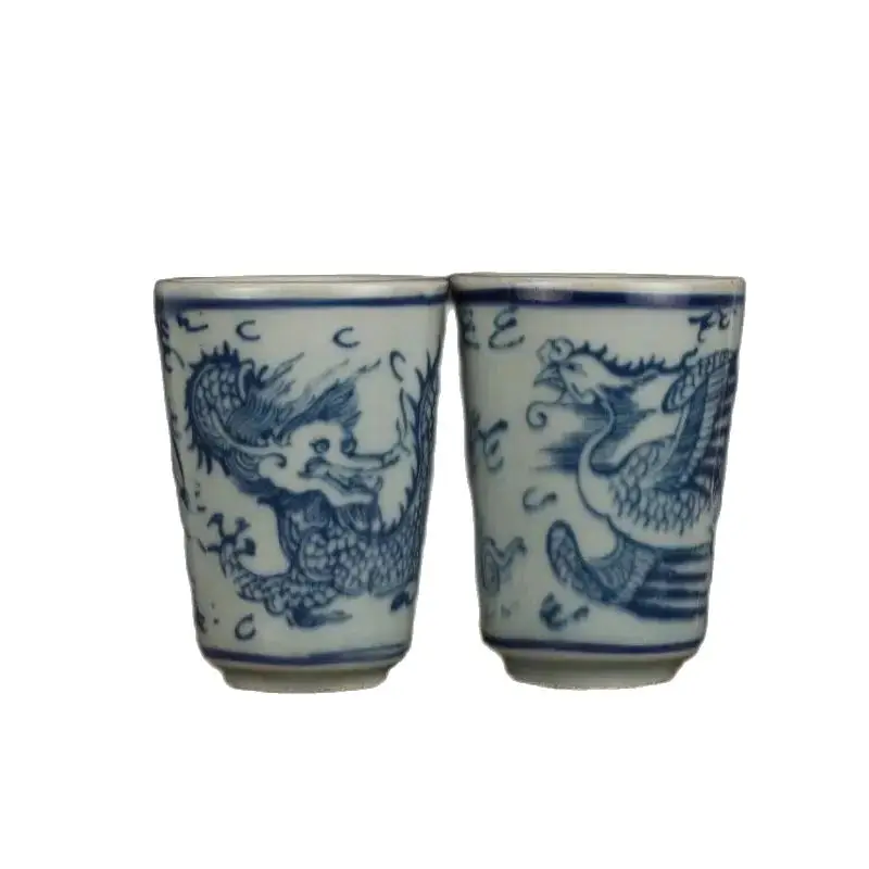 

2.8 " Old Antique Ming Dynasty Blue and White Porcelain Hand Painted Dragon Phoenix Cup Collection Ornaments A Pair