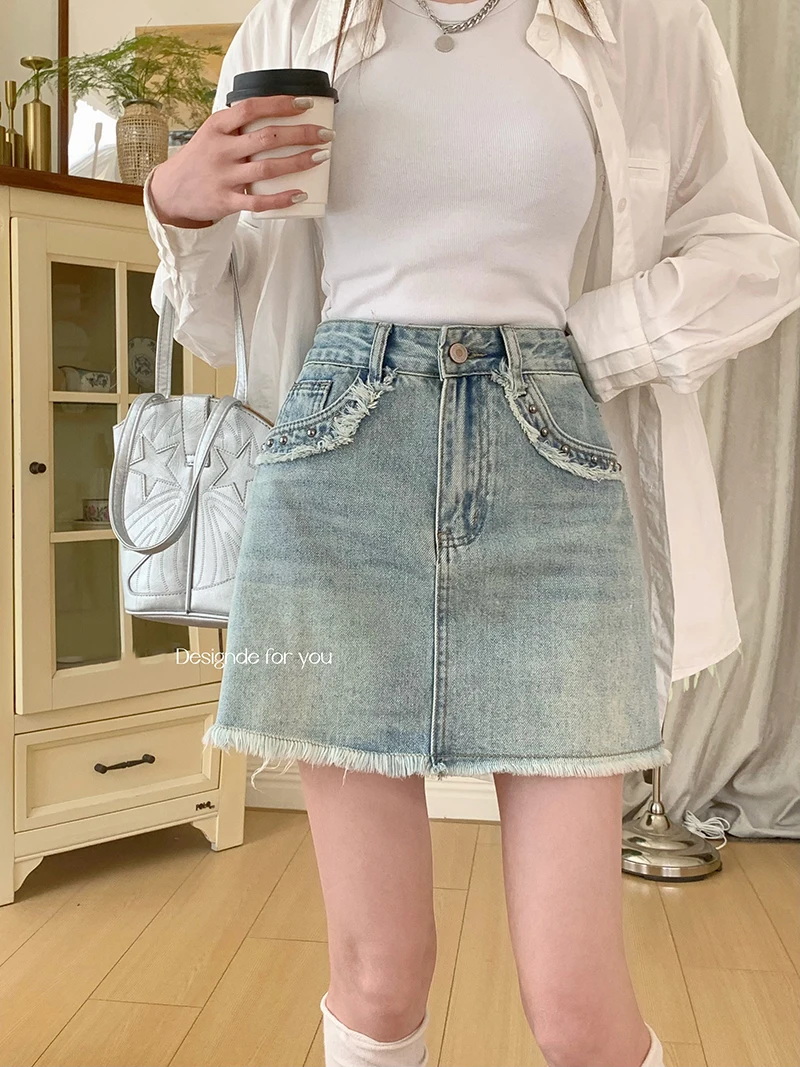 

Slergiri Retro Washed Raw Trim Rivet Denim Skirt Women Summer 2024 New Fashion Korean style High Waist Pockets Mini A-Line Skirt