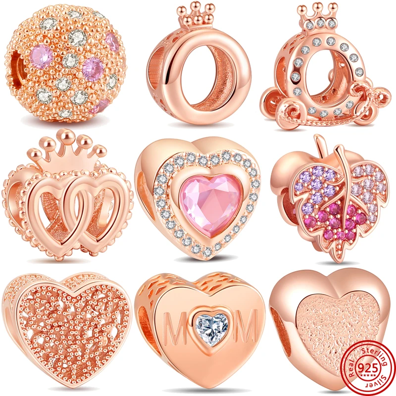 

925 Silver Amulet Rose Gold Heart Shining Pave Leaves Charm Pendant Bead Fit Original Pandora Bracelet Women Jewelry Gift DIY