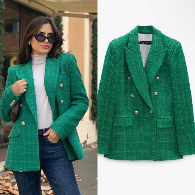 

Women Fashion Double Breasted Houndstooth Blazer Coat Vintage Long Sleeve Flap Pockets Female Outerwear Chic Vestes