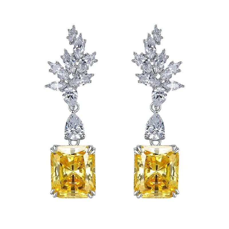 

925 Sterling Silver 7 Carat Rectangle 11 * 13 Goose Yellow High Carbon Diamond Earrings Flower Feather Earrings for Women