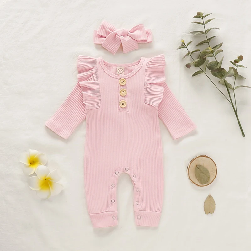 

0-18 Months Baby Girls Romper Spring Autumn Outfit Set Soild Color Knitted Fly Long Sleeve Newborn Infant Jumpsuit Headband