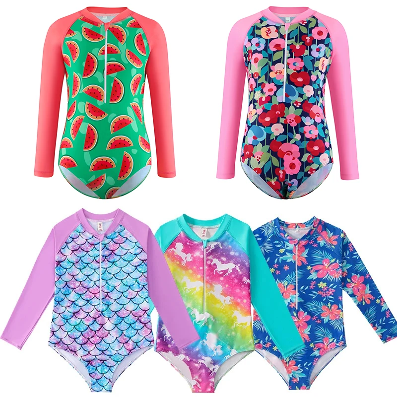 

Children's Swimsuits Summer Girls Long Sleeves Watermelon print One-piece Swimsuit Kids Sun-proof Surf Suits Quick Drying