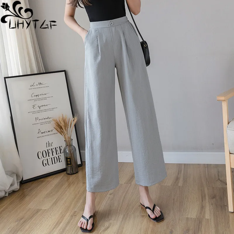 

UHYTGF Cotton Linen Nine Points Wide Leg Pants Womens Summer New Korean Loose Middle-Waisted Linen Thin Ladies Casual Pants 283