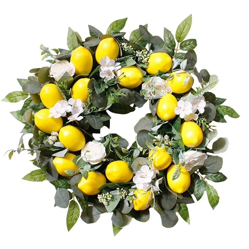 

18 Inch Artificial Lemon Wreath With Yellow Lemon And Green Leaves,Fake Fruit Wreath For Home Wall And Front Door Decor