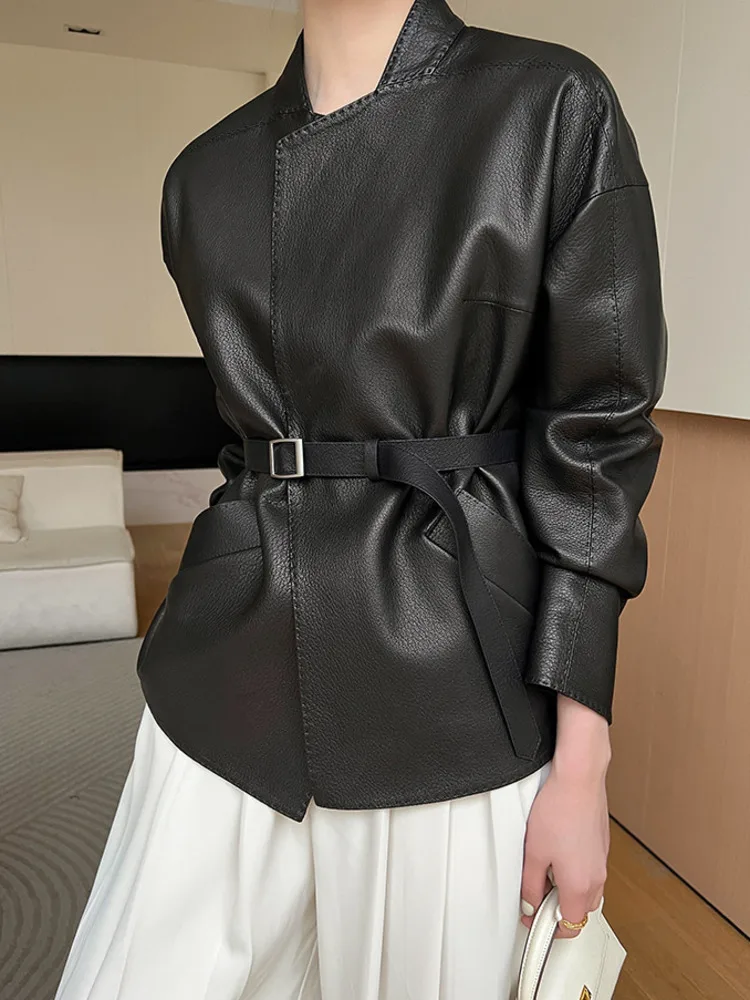 

2024 New genuine leather lychee grain goat skin women's short coat spring collection waist thin fashionable leather coat
