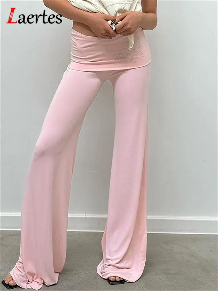

Laertes Butterfly Diamond Fold Over Low Rise Flare Pants Pink Women Casual Stitching American Long Pants Y2K Hottie Streetwear