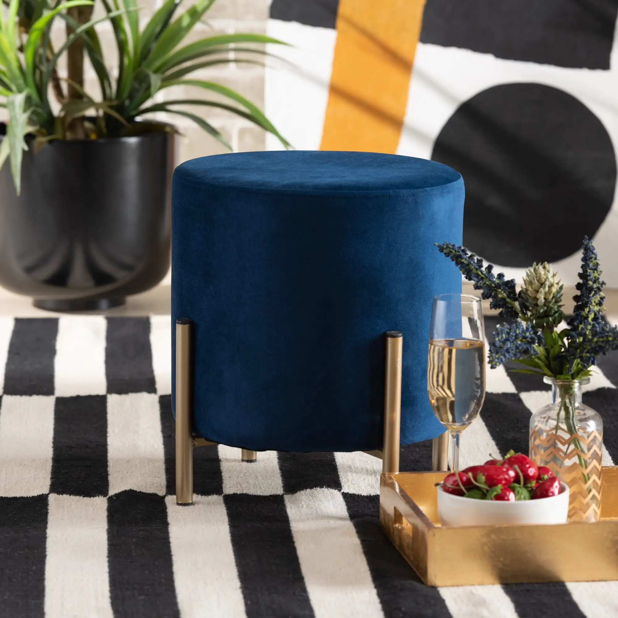 

Baxton Studio Thurman Contemporary Glam and Luxe Navy Blue Velvet Fabric Upholstered and Gold Finished Metal Ottoman