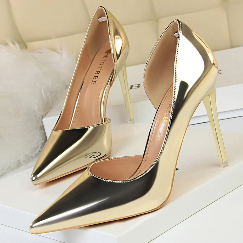 

Женские туфли на высоком каблуке 10,5 см, женские туфли-лодочки на шпильке, блестящие кожаные туфли-лодочки, свадебные туфли на каблуке для невесты, подиумная обувь золотого и серебряного цвета