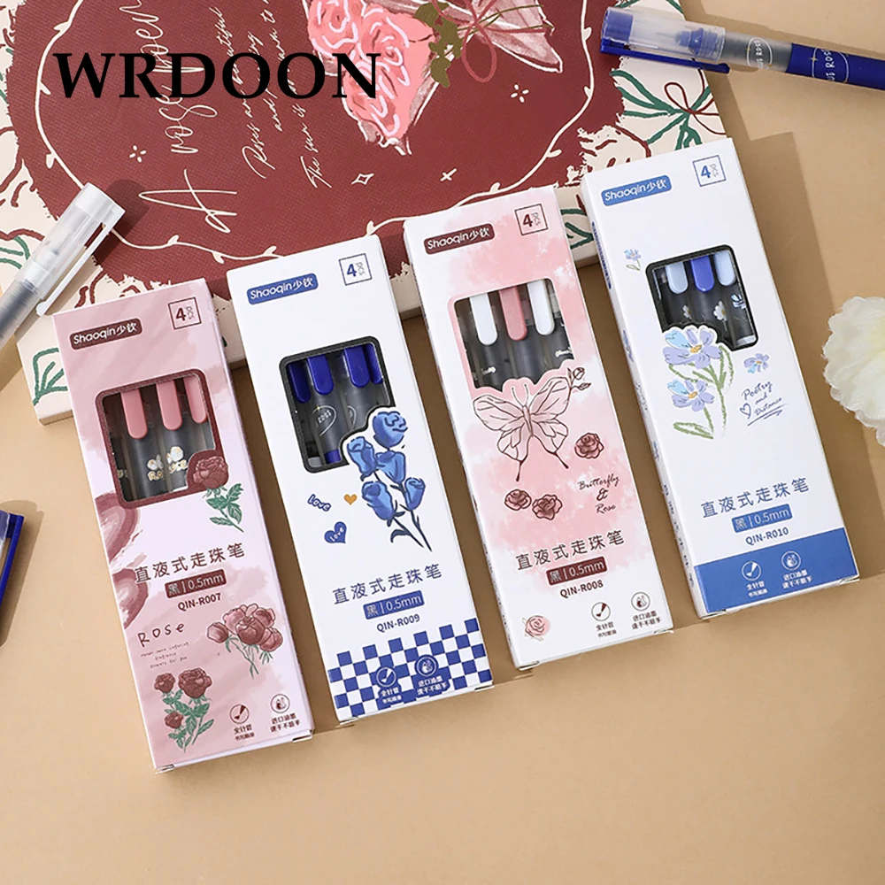 

4pcs Cute Flower Student School Office Stationery Fine Nib Gel Pen Big Ink Capacity Ballpoint Pen Straight Liquid Rollerball Pen