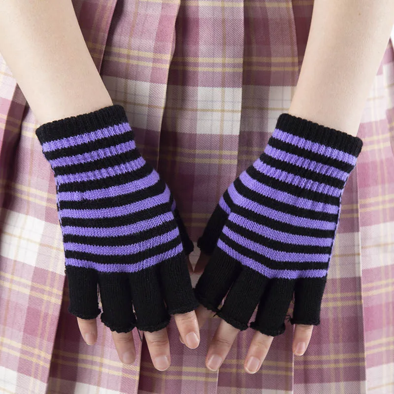 

1Pair Unisex Black Stripes Half Finger Fingerless Gloves for Women Wool Knit Wrist Cotton Gloves Winter Warm Men Workout Gloves